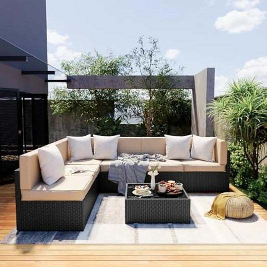 7 Pieces Outdoor Sectional Furniture，Wicker Patio sectional Furniture Sets，All-Weather Rattan Sectional Sofa Conversatio