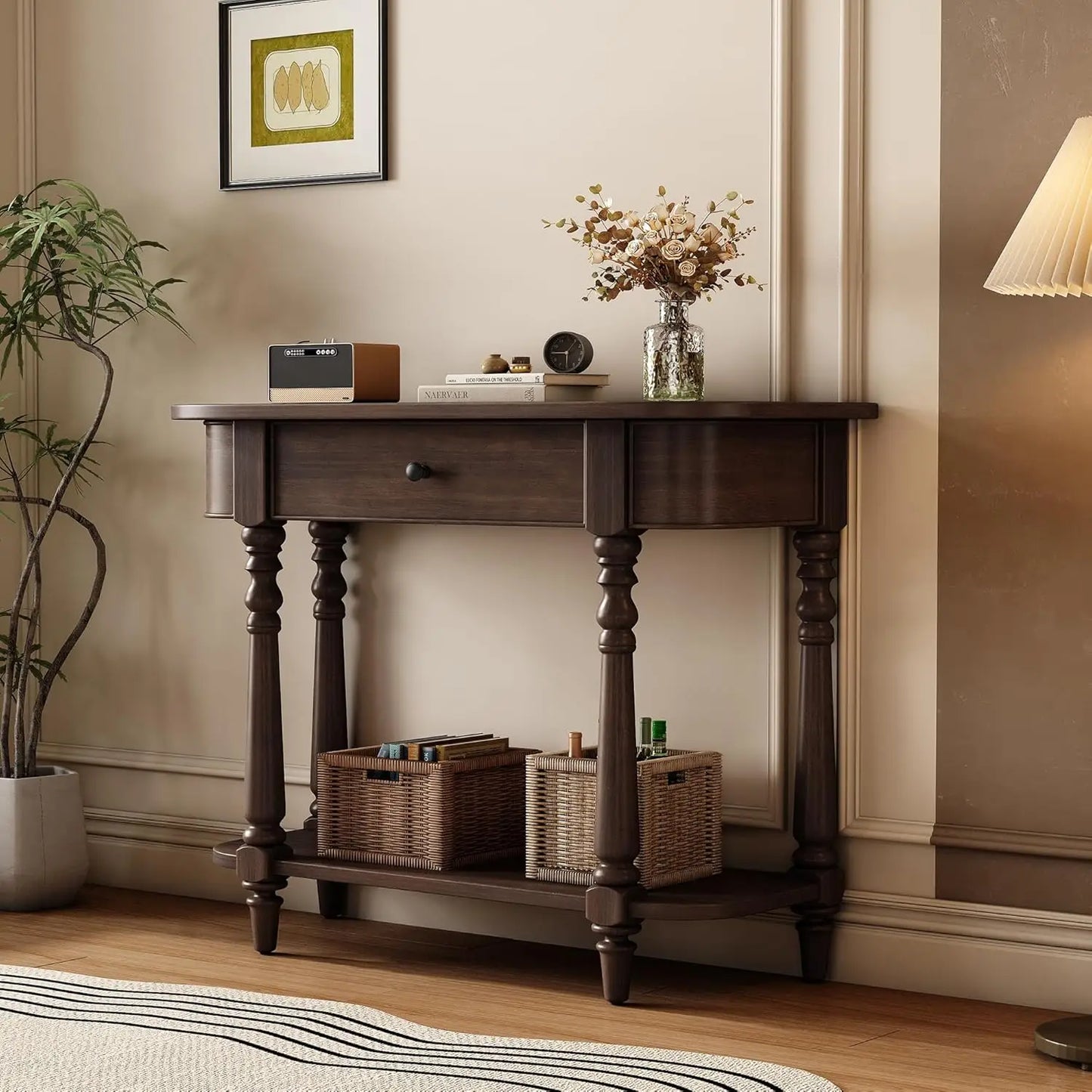 Small Curved Console Table 36-Inch Retro Farmhouse Entryway Sofa Table with Drawer & Storage Shelf for Entry, Customized