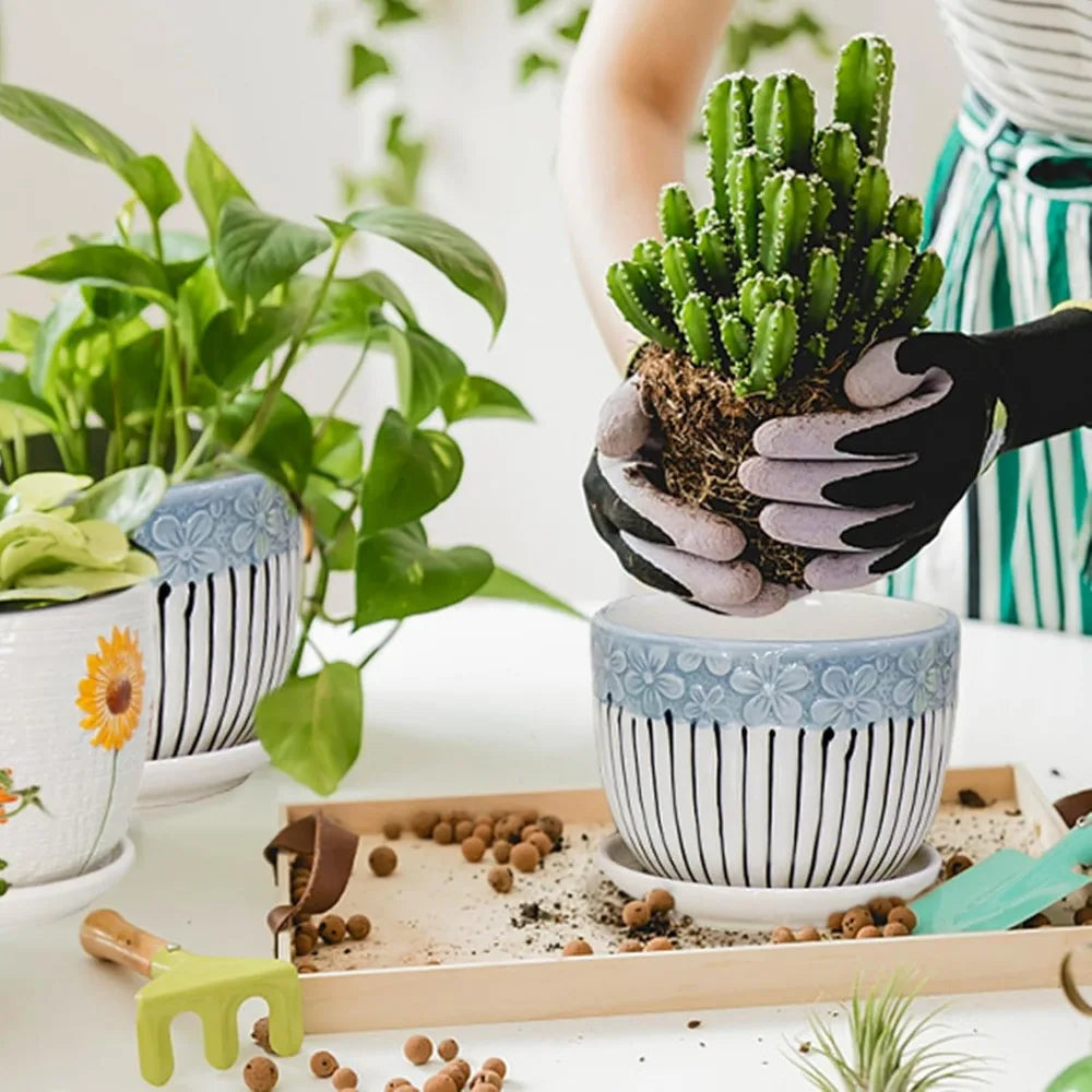 Set of 3 Ceramic Planters with Drainage 6.75 5.6 4.2 inch Saucers Modern Indoor Outdoor Flower Succulent Garden Pots