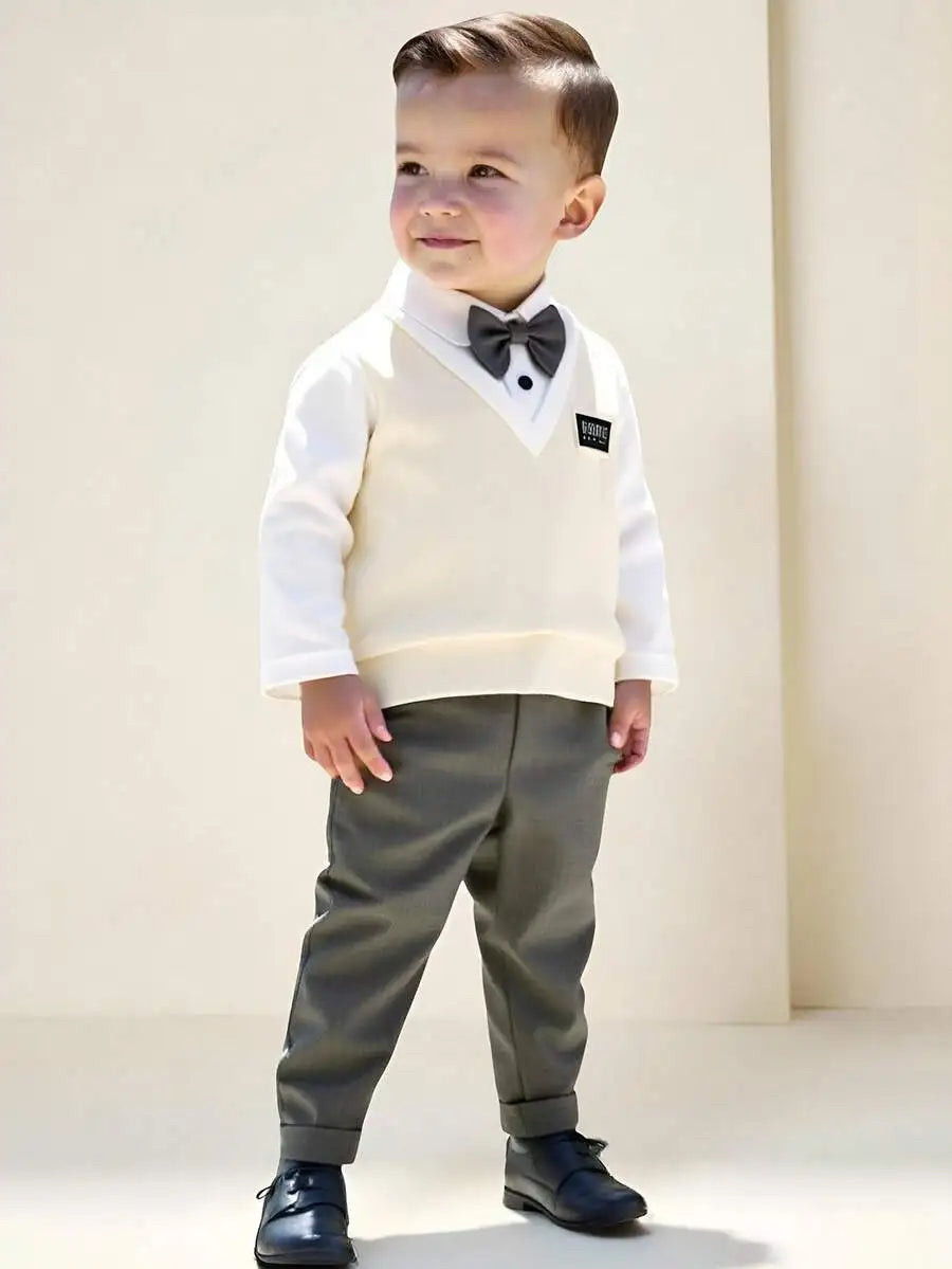 2-Piece Baby Boy Formal Outfit: Knit V-Neck Sweater with Bow Tie + Elastic Waist Pants