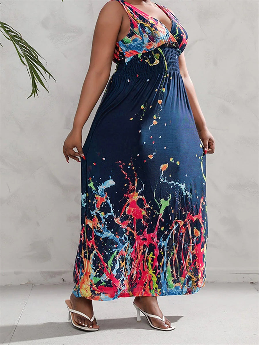 Women Plus Size Sleeveless Maxi Dress Casual Floral Print V-Neck Party Dress for Beach Club Streetwear Summer Fashion Trend