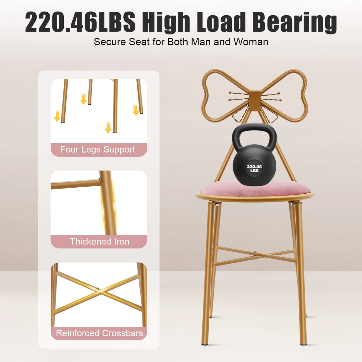 Pink Butterfly Back Flannelette Vanity Stool Makeup Chair for Bedroom Dresser