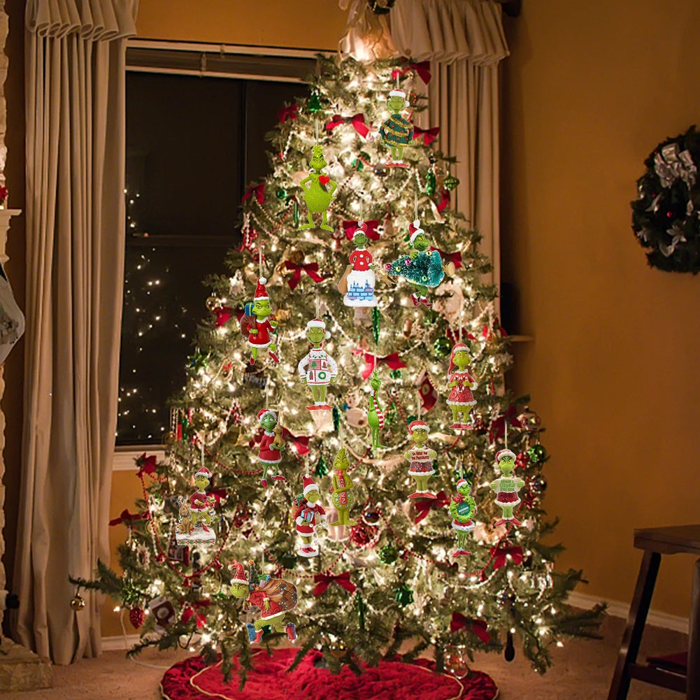 18Pcs 2D Acrylic Christmas Tree Green Monsters Ornaments Cute Green Monsters Christmas Tree Pendants Christmas Cartoon Ornaments