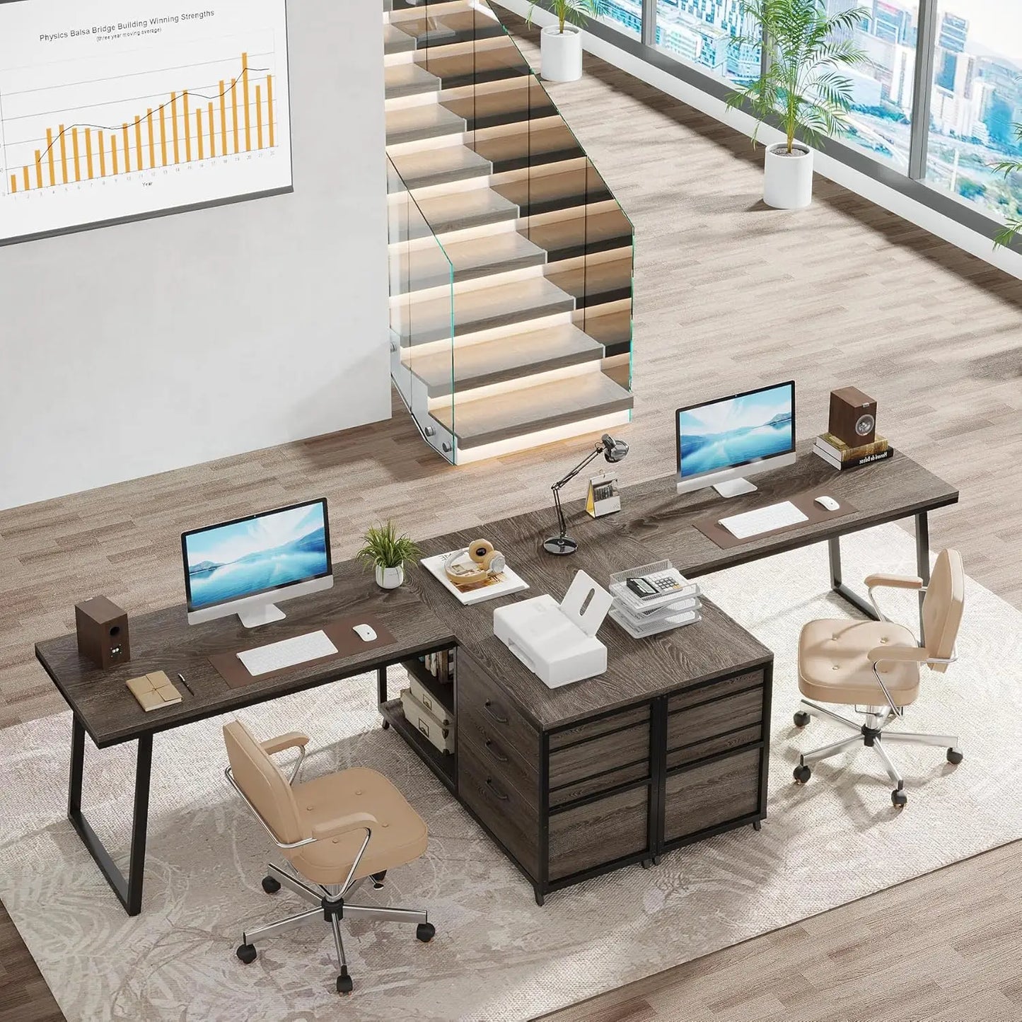 LITTLE TREE L-Shaped Desk with 3 Drawers, Reversible Corner Desk for Home and Office with Shelves, 130cm Industrial PC Desk