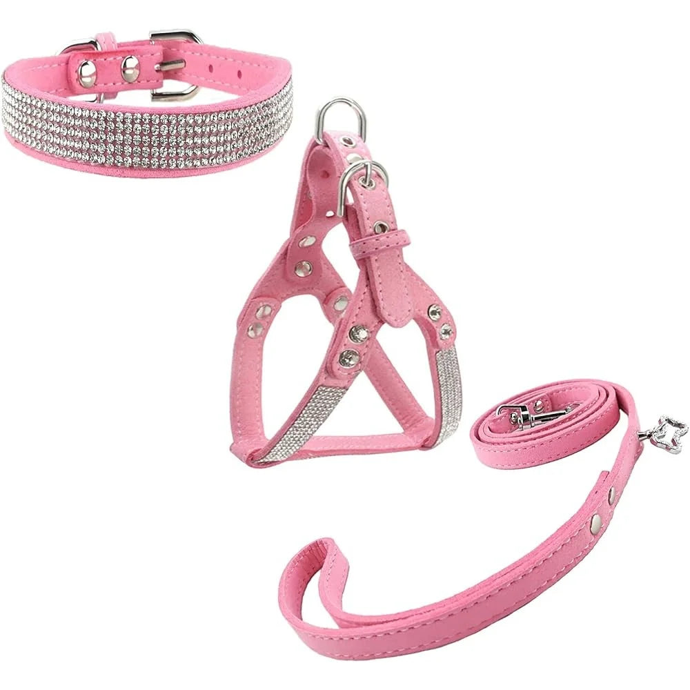 Comfortable Soft Dog Collar and Harness Set with Leash Stylish Diamante Design Small Pets Training Outdoor Activity