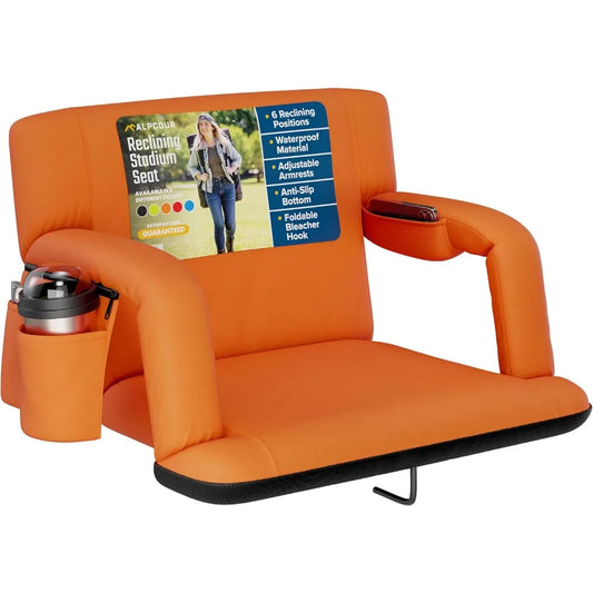 NEW Reclining Stadium Seat – Wide Bleacher Chair with Back Support and Cushion, Armrests, Side Pockets, and Bleachers Hook
