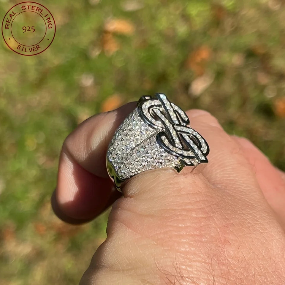 Men‘s 925 Sterling Silver Iced Out Money Dollar Sign Ring Hip Hop Style 14K White Gold Plated Jewelry