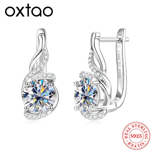OXTAO U-shaped Design Moissanite Hoop Earrings for Women 100%925 Sterling Silver 2ct D VVS1 Diamond Earring Wedding Fine Jewelry