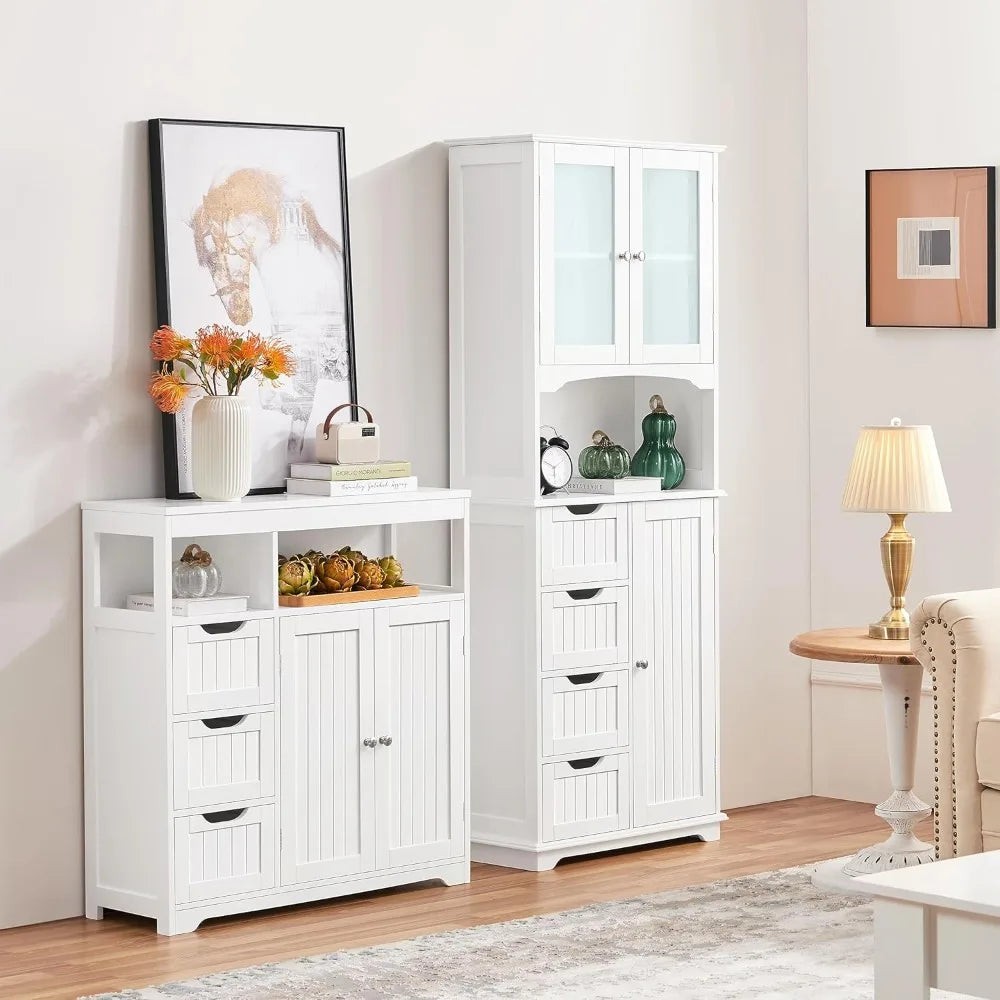 Bathroom Tall Cabinet, Storage Cabinet with 2 Glass Doors, Freestanding Bathroom Cabinet with Open Compartment