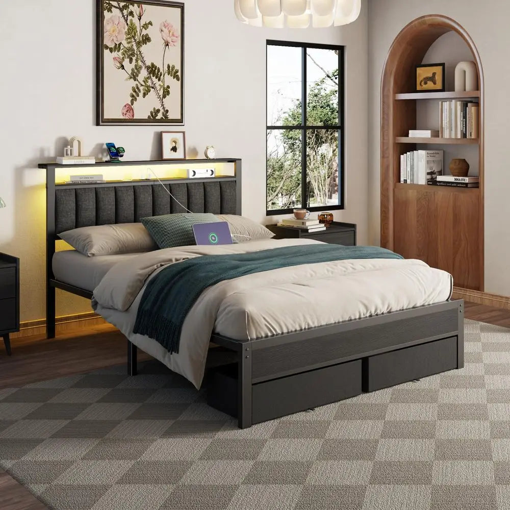 Queen Grey Upholstered Platform Bed With LED Lights Charging Station And Shelves