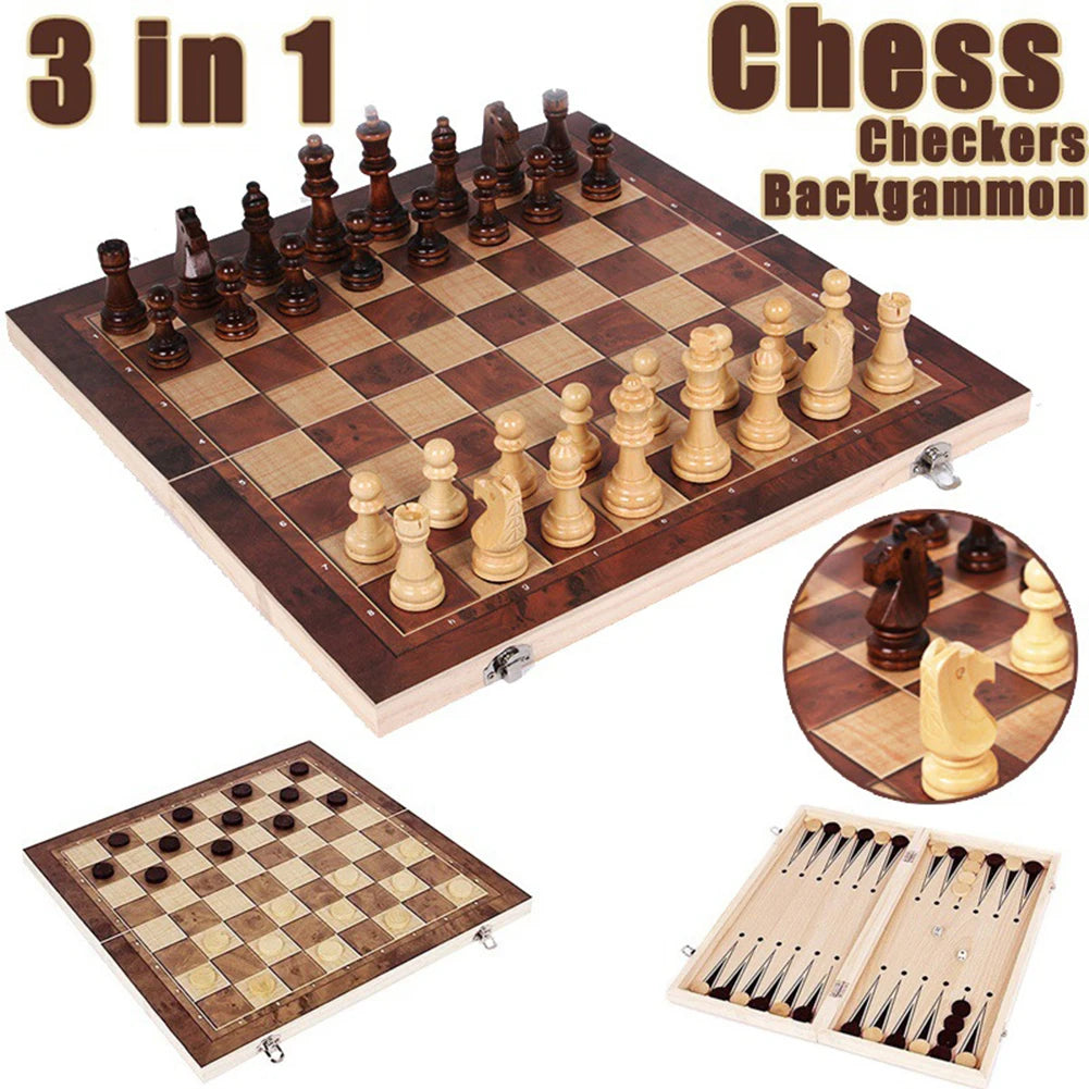 3 in 1 Chess Game Board Folding Storage Wooden Exquisite Chess Set Travel Chess Sets for Chess Board Game