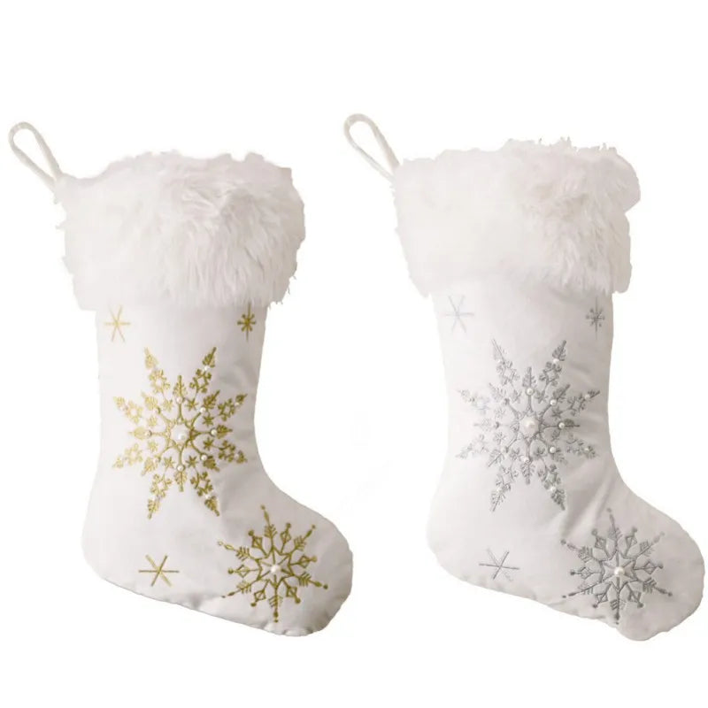 1/2pcs White Plush Stamping Gold Silver Embroidery Snowflake Christmas Stocking Merry Christmas Decor For Home Xmas Gift Socks