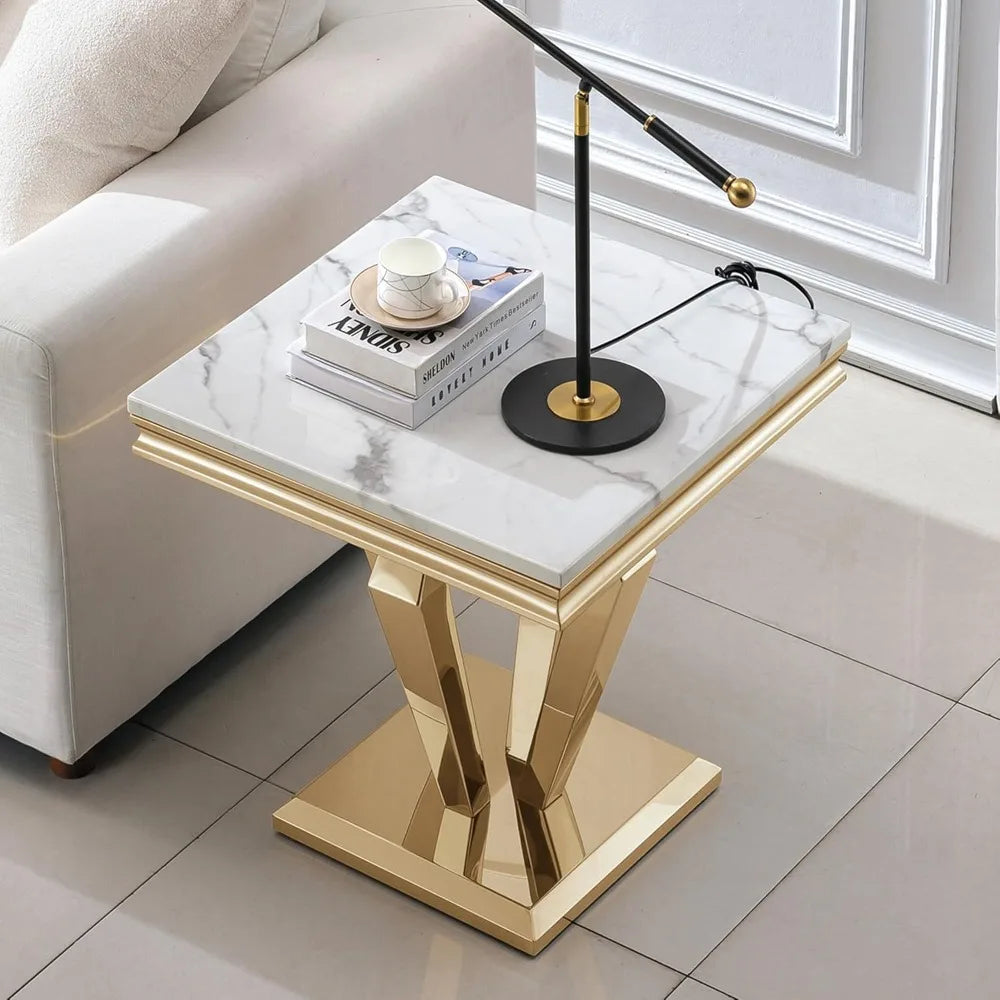 Square End Table, 22.8" Modern White Faux Marble Side Table with Golden Mirrored Finish