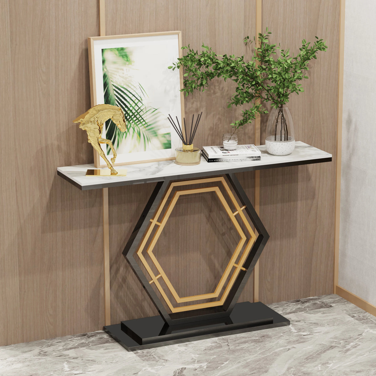 Narrow Modern Metal Console Table With Sintered Stone Top for Entryway