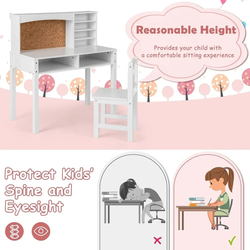 Kids Desk and Chair Set,Wooden Study Desk for Kids with Storage, Hutch, Cork Bulletin Board,Student Writing Computer Workstation