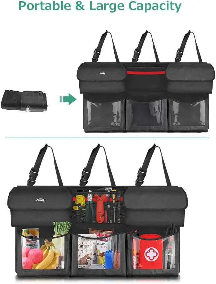 Foldable Car Trunk Organizer with 6 Pockets and Adjustable Straps, 40x19inch Cargo Storage for Back Seat