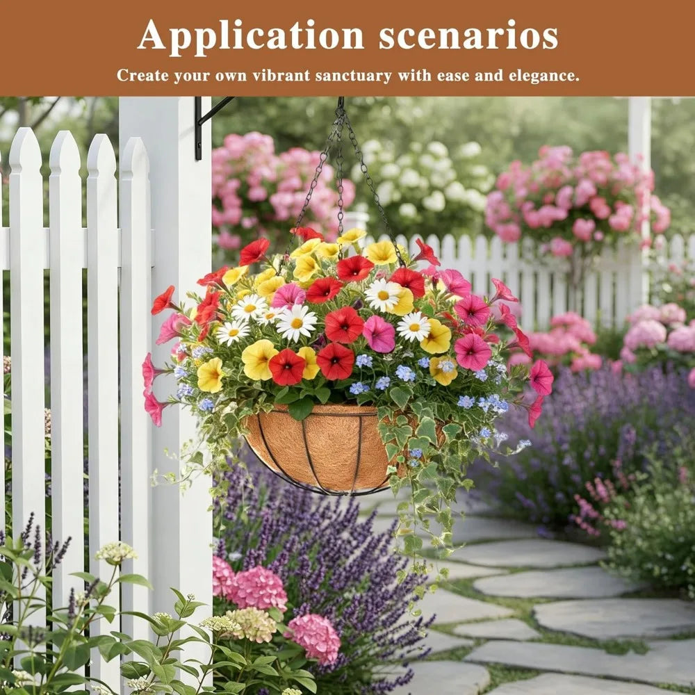 4 Pack 16 Inch Metal Hanging Planters with Coco Coir Liners Round Wire Plant Holders Chain Flower Baskets Outdoor Garden Decor