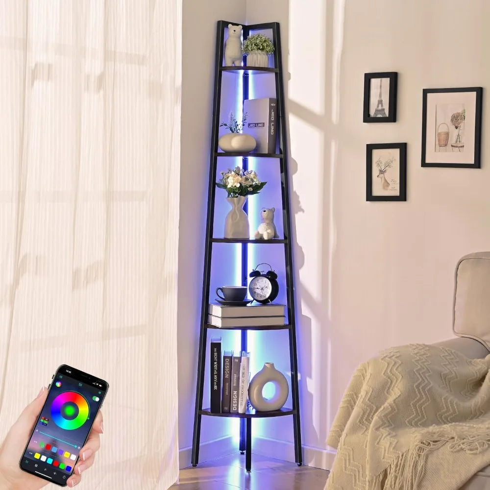 Corner Shelf, 5-Tier Corner Bookshelf with LED Light, 67.5in Corner Shelves for Bedroom, Tall Standing Shelf with Steel Frame,