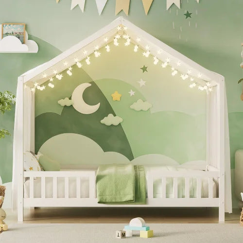 Montessori Floor Bed with Canopy, Twin Bed Frame for Kids, House Shape Toddler Bed Frame with High Railings