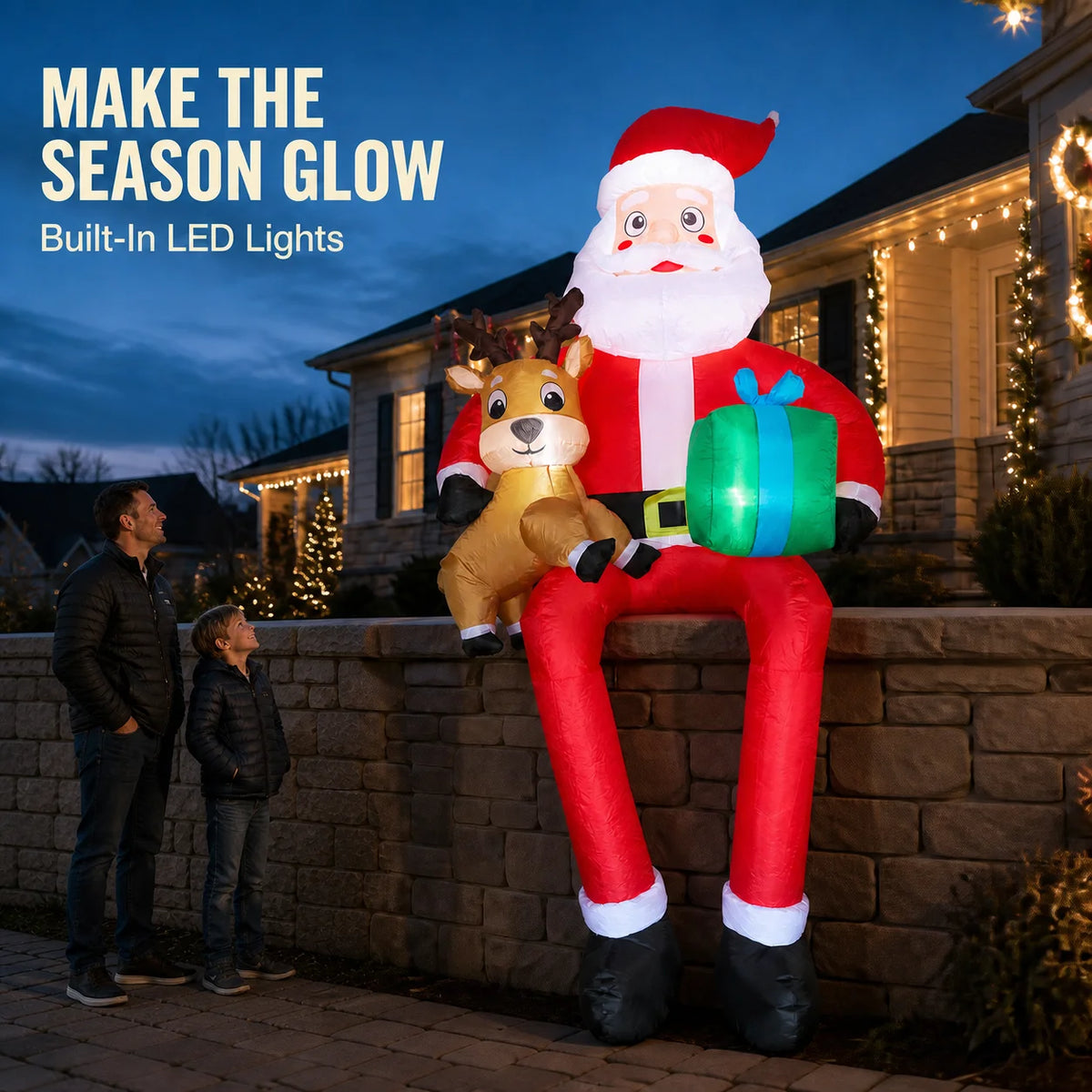 9.5ft Sitting Santa Claus Xmas Holiday Decoration Inflatable Sitting Santa Placed on the Roof Ledge Giant Reindeer Toy with LED Lights Home Ornament Gifts Supplies for Kids Blow up Yard Decorations for Roof Party Garden Lawn