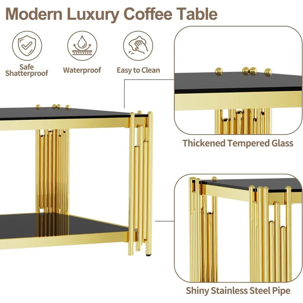 Luxury Rectangular Tempered Glass Coffee Table with Gold Stainless Steel Legs for Modern Living Rooms