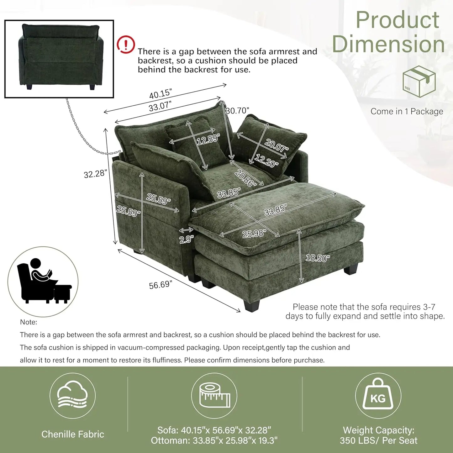 Chenille Oversized Chair with Ottoman - 40" W Comfy Accent Chair and Ottoman Set, Large Cloud Sofa Armchair with, Customized