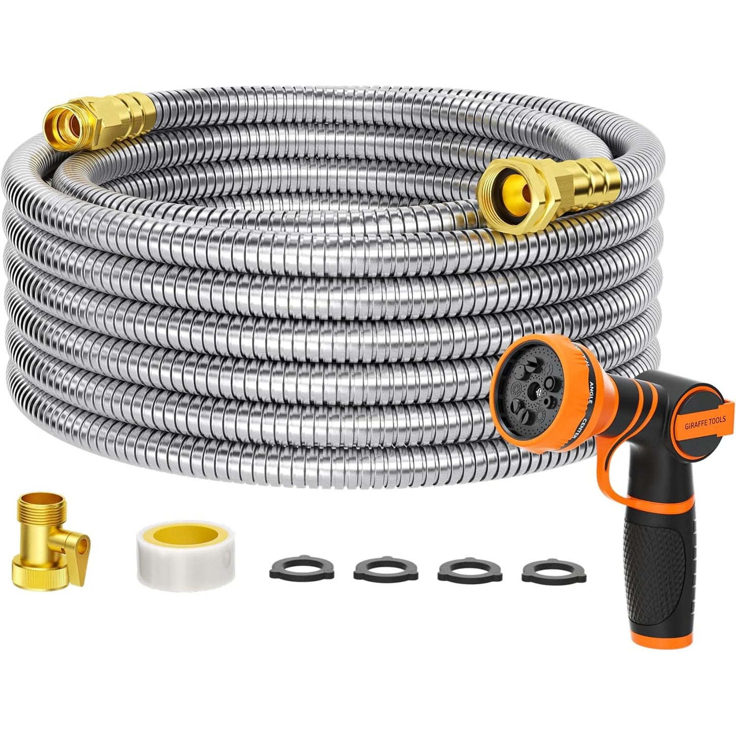 Giraffe Tools 5/8" Garden Hose, 304 Stainless Steel Metal Water Hose, No Kink Garden Water Hose with 9 Pattern Spray Nozzle