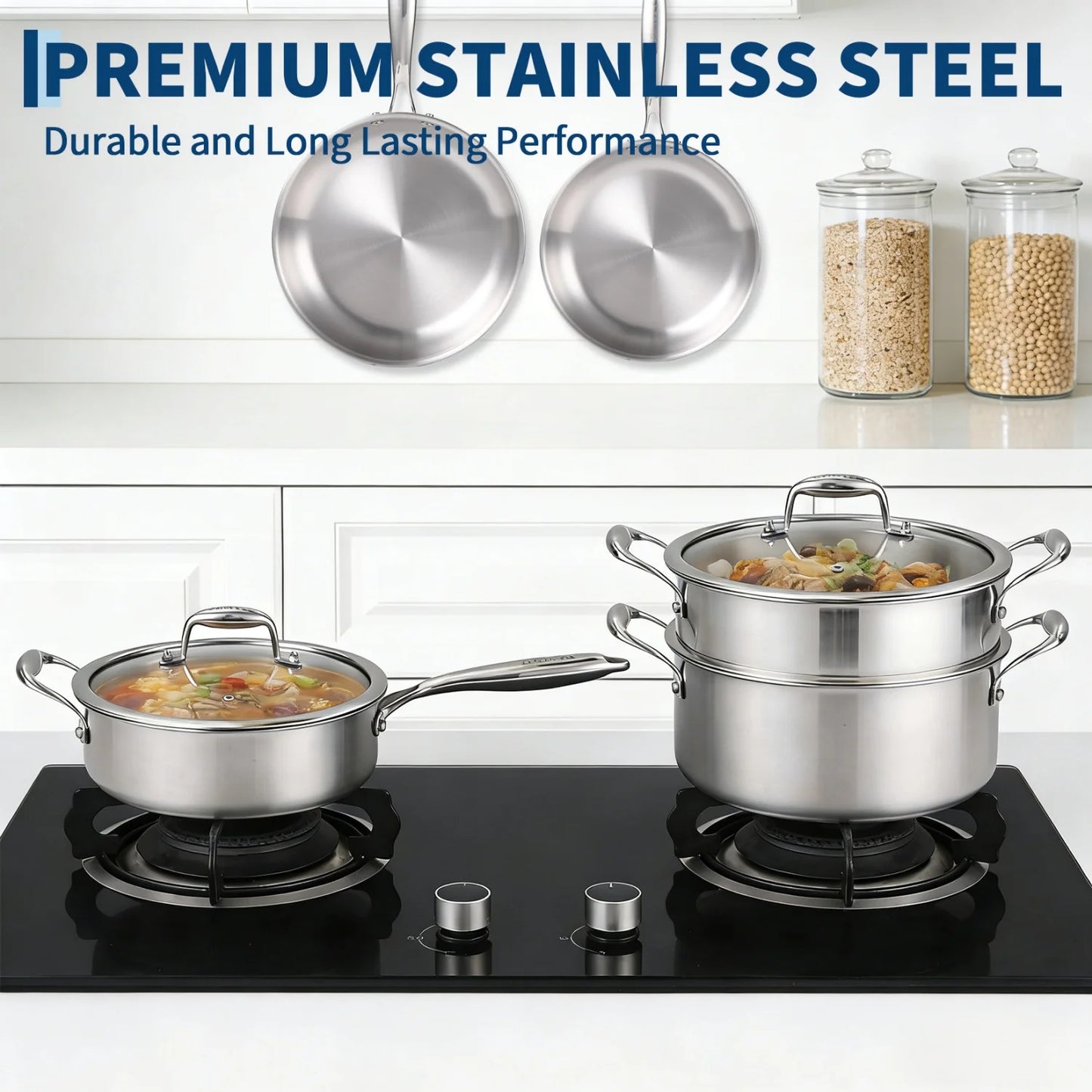 3 Ply Stainless Steel 11-Piece Cookware Set with Lids, Pots and Pans Kitchen Set,Frying Pans, Saute Pan & Stock Pot