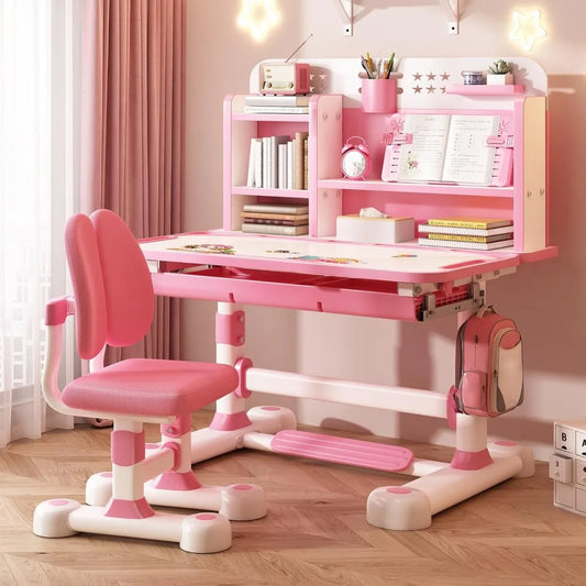 2025 Upgraded Kids Desk and Chair Set, 50 Degree Tiltable&Height Adjustable Kids Desk with Storage Drawers and Bookshelf, Ergono
