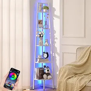 Corner Shelf, 5-Tier Corner Bookshelf with LED Light, 67.5in Corner Shelves for Bedroom, Tall Standing Shelf with Steel Frame,
