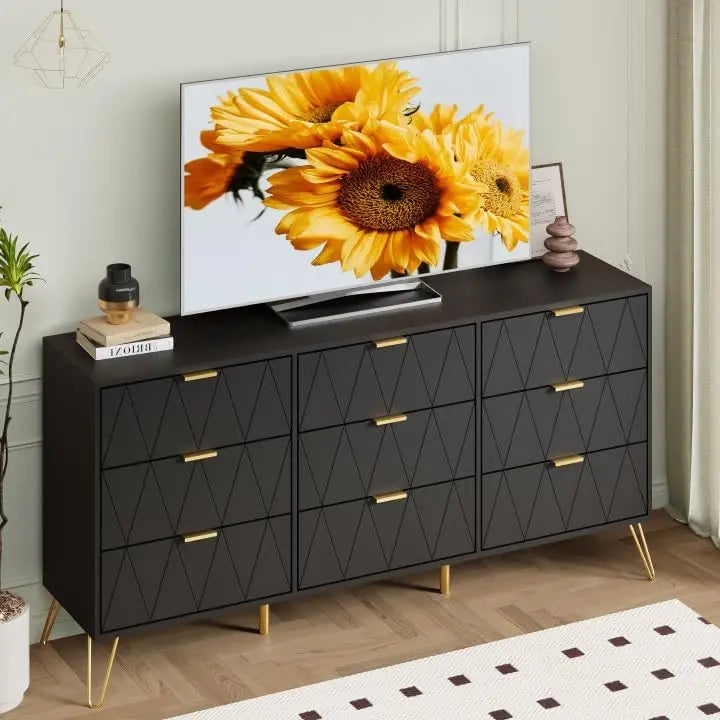 9 Drawer Dresser Navy with Gold Handles for Bedroom, Chest of Drawers & Long Dresser with Deep Drawers, Modern Wood Dressers