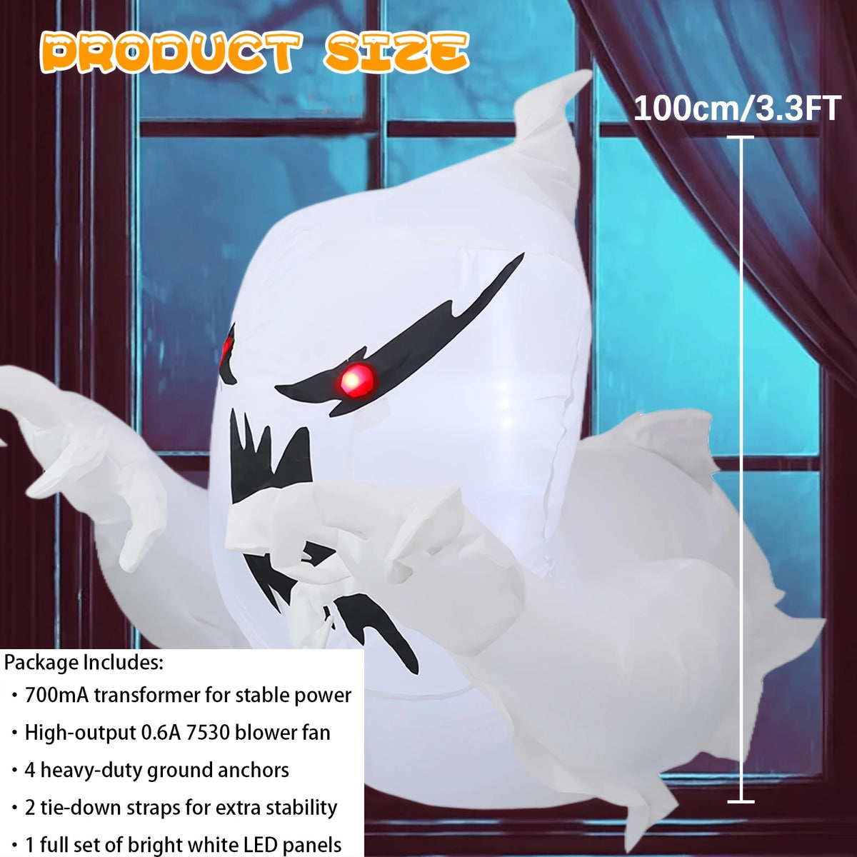 3.3FT Halloween Inflatable Ghost Decorations Outdoor, Built-in LED Glowing Blow Up Yard Ghost, Spooky Breakout Window Airblown Prop for Garden Lawn Party Haunted House USA Warehouse