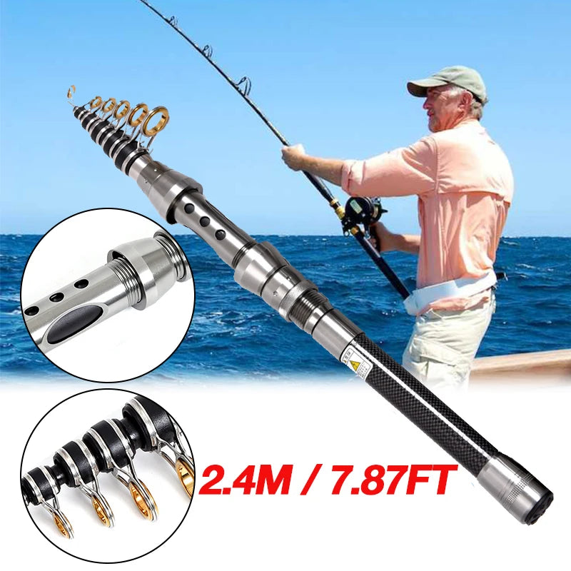 2.4m Carbon Fiber Fishing Rod And Reel Combo Ultralight Lasting Travel Telescopic Fishing Pole Spinning Reel Kit, 100-meter Line