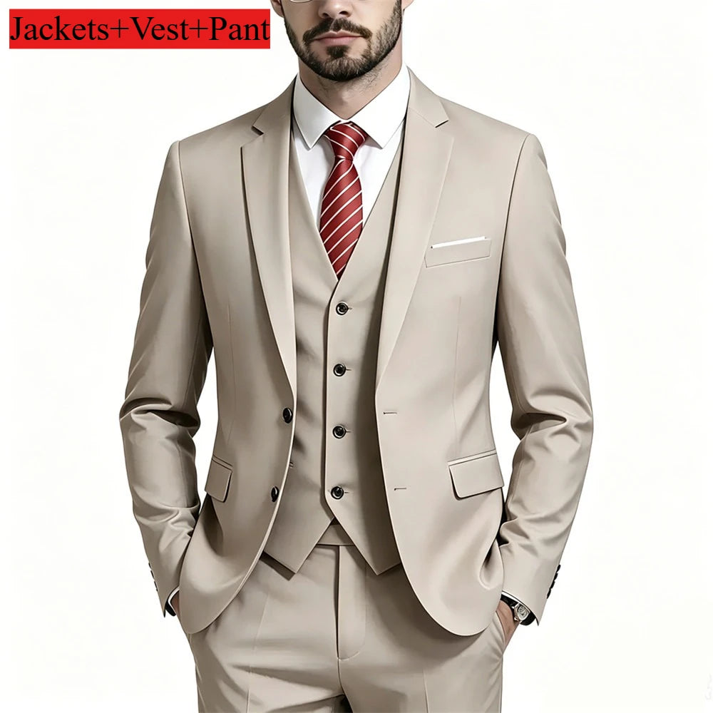 Men's Suit 3 Pieces Set Solid Color Slim Fit Business Leisure Banquet Wedding Groom Dress Jacket Vest with Pants