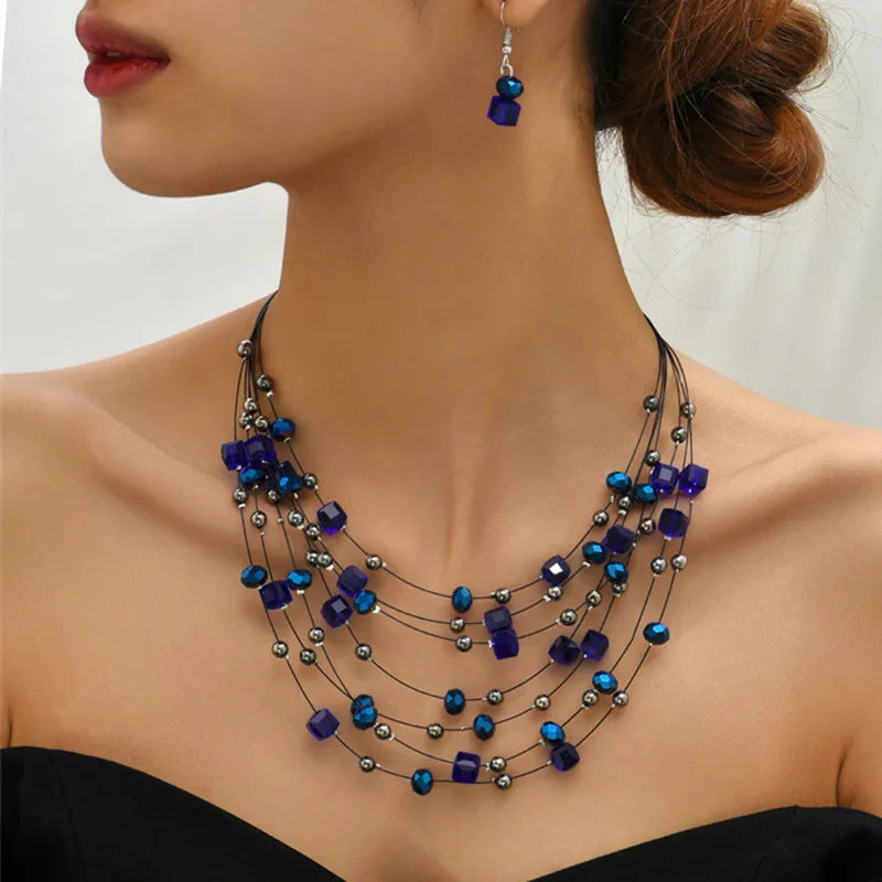 Bohemia Necklace Earrings Set For Women Square Crystal Beads Jewelry Sets Multilayer Choker Necklace Women Jewelry Set