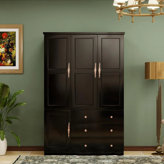 4-Door Solid Wood Armoire - Elegant Wardrobe with 2 Drawers & Dual Hanging Rods