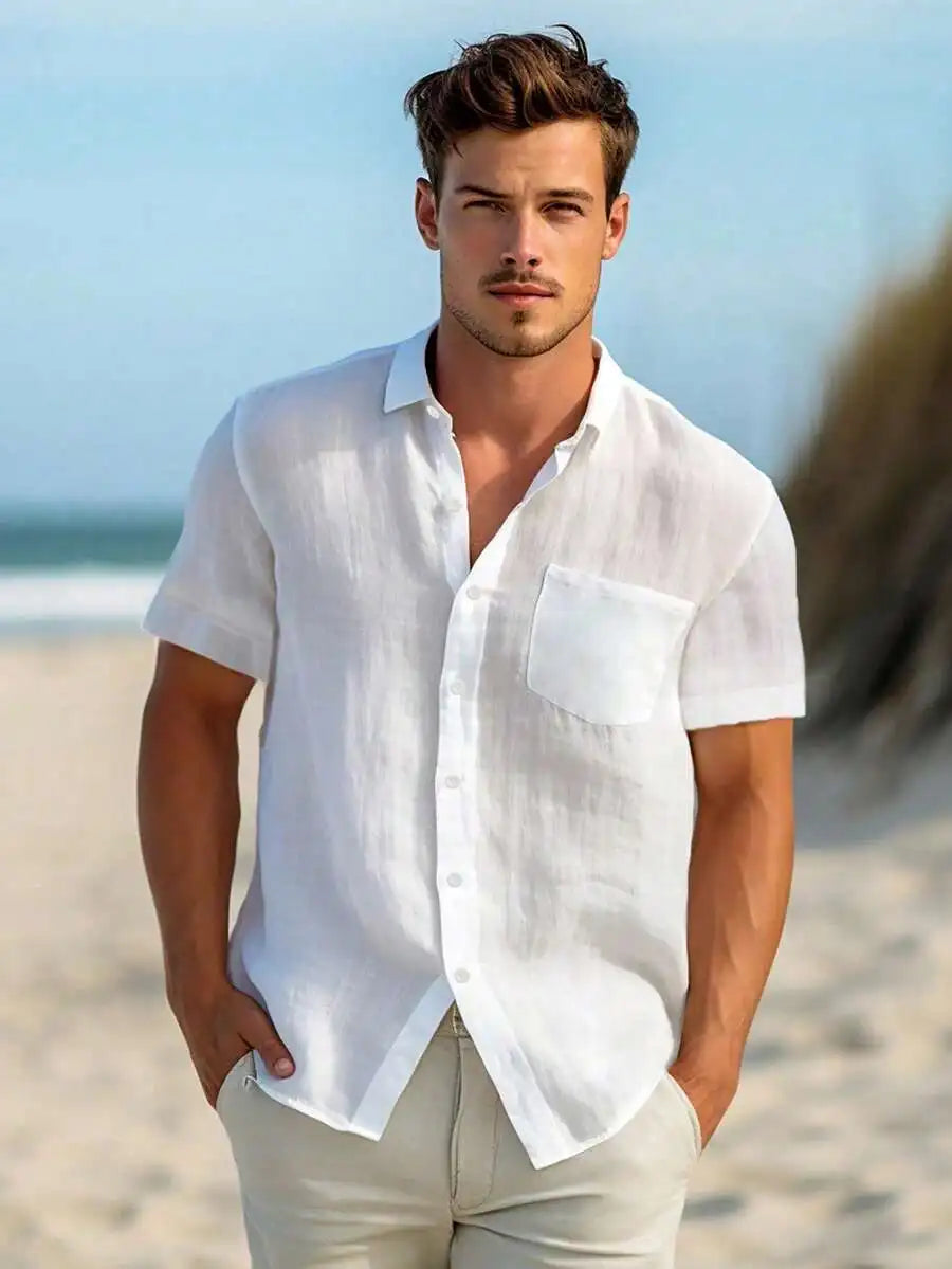 Mens Solid Color Short Sleeve Casual Shirt With Pocket