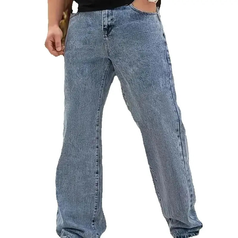 Men's Loose Fit Straight Leg Jeans - 65% Cotton 35% Polyester Blend, 390gsm Heavyweight Fabric, Japanese & Korean Streetwear Sty