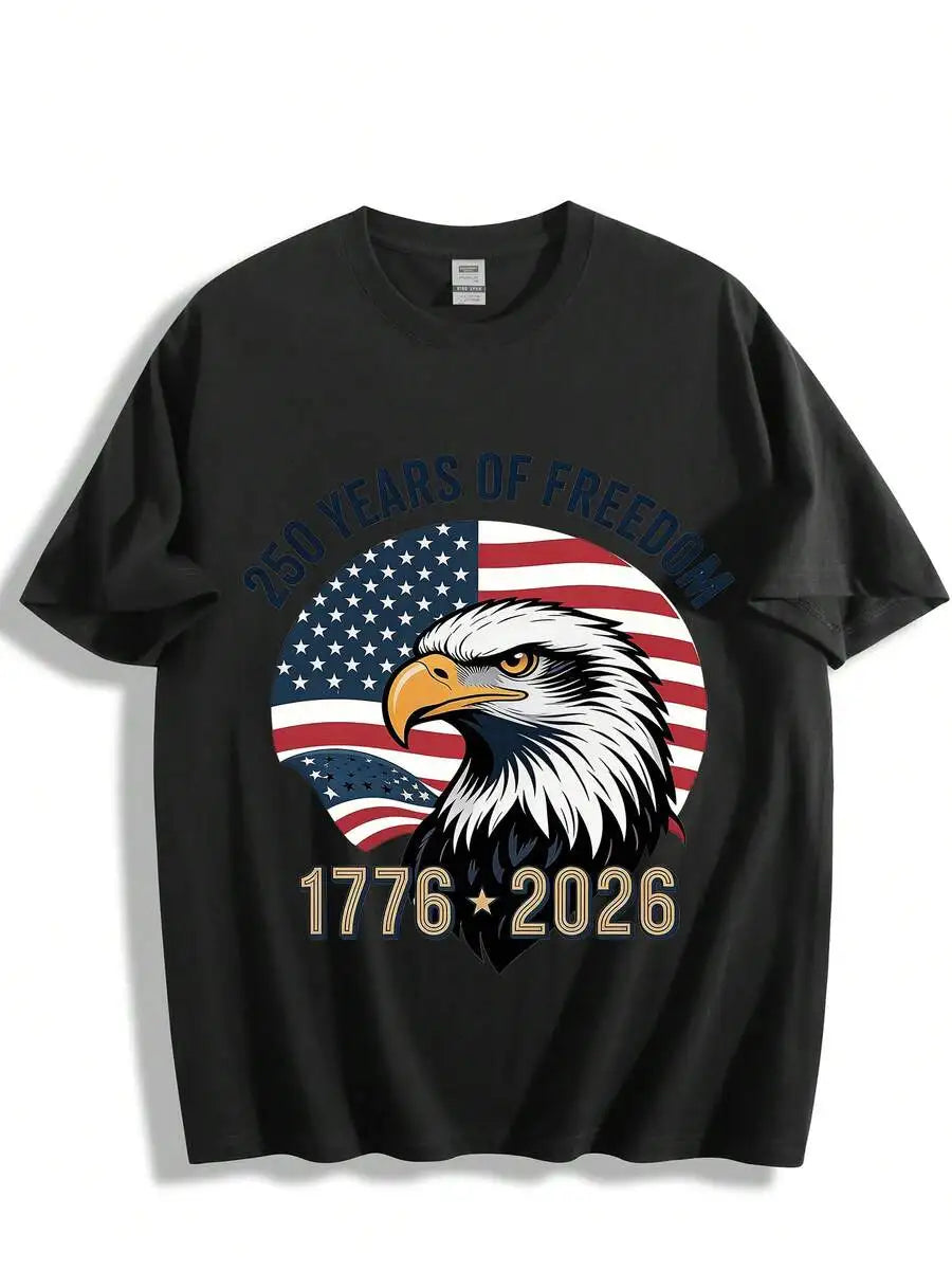 Mens Cotton Tee 250 Years Of Freedom Eagle Flag Graphic T-Shirt 1776-2026 Casual Summer