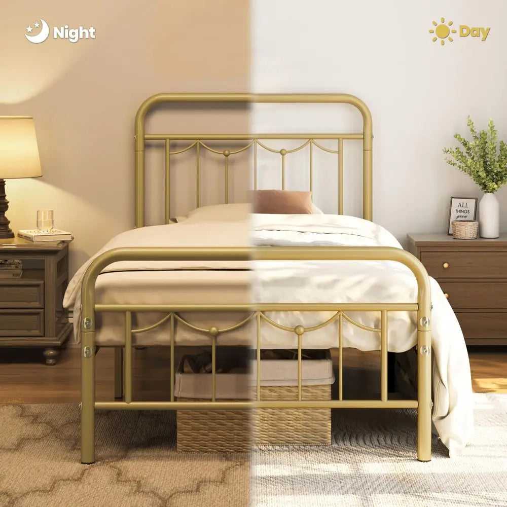 Twin Metal Bed Frame Vintage Spindle Headboard Antique Gold 450 Lb Capacity