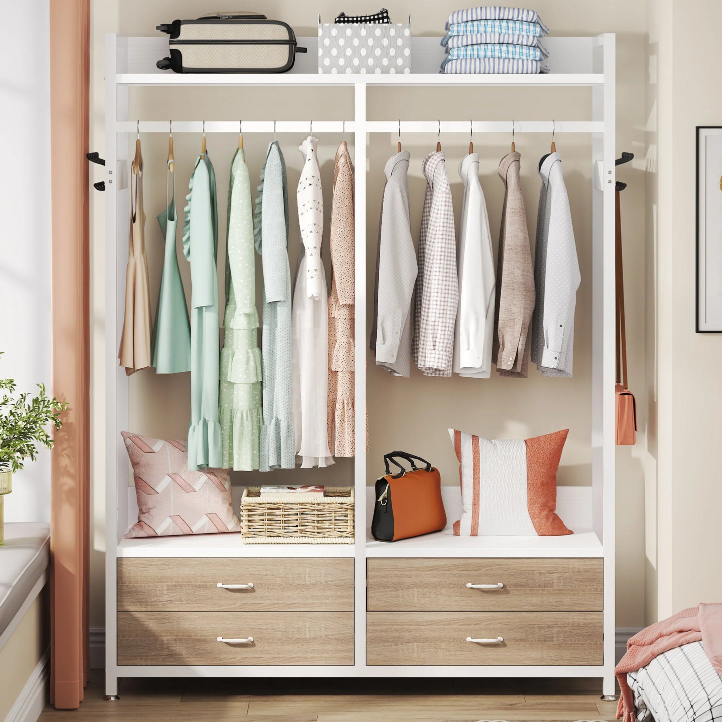 Tribesigns Freestanding Closet Organizer for Hanging Clothes, Heavy Duty Garment Rack with Drawers, 8 Hooks and Storage Shelves