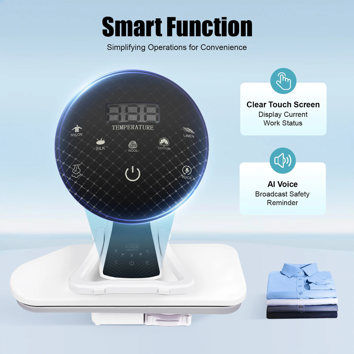1600W Steam Press Iron, 26 Inch Large Area, Touchscreen, 5 Fabric Modes