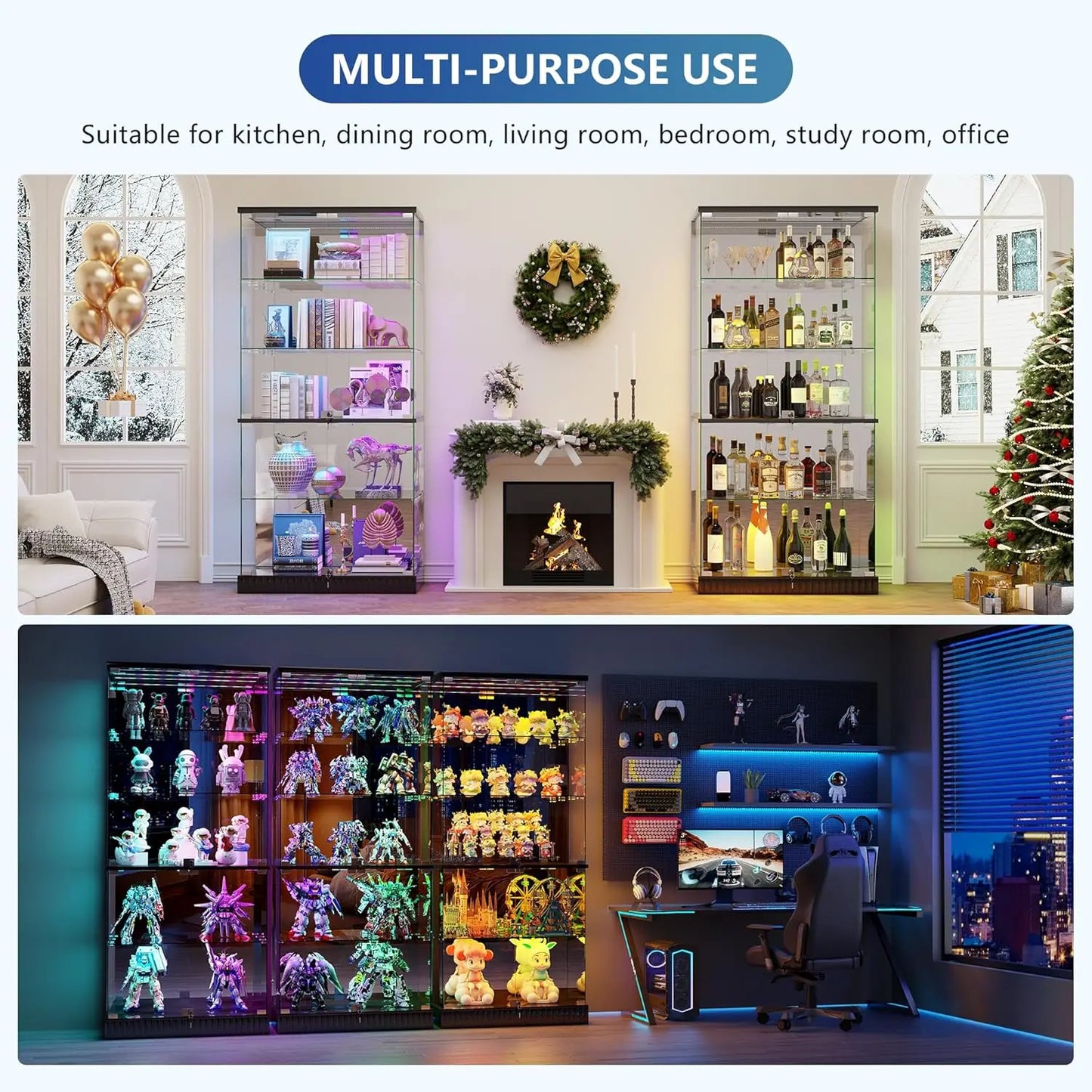 Glass Display Cabinet with RGB Lights - 5-Tiers Curio Cabinet Display Case with Lock, Frameless Tall Showcase, Customized