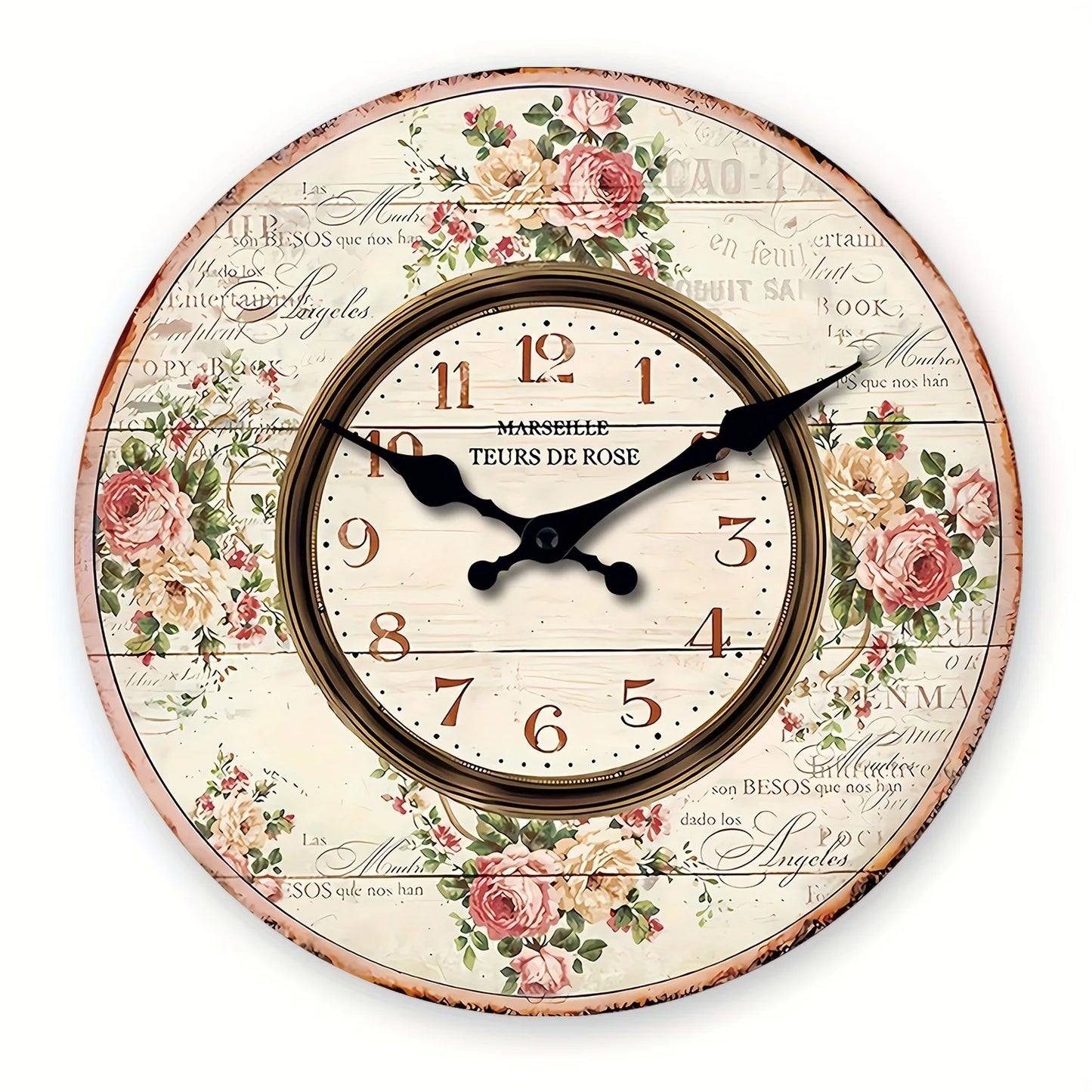 A French Romantic Wooden Teaching Wall Clock, French Marseille Rose Bouquet Design Wall Clock, Silent Silent Quartz Clock, Room