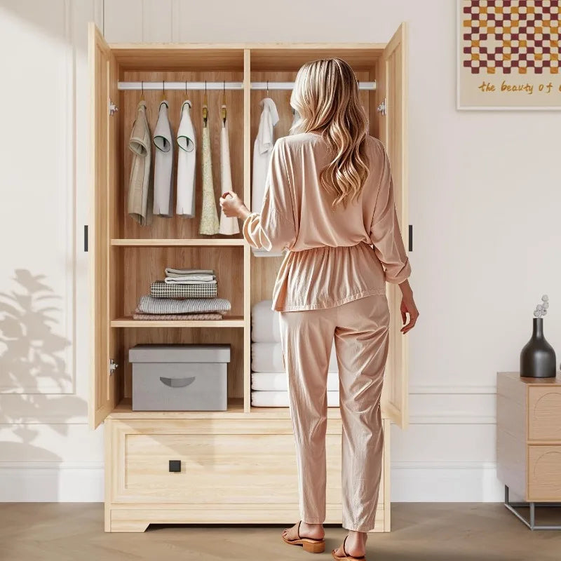 VINGLI Armoire Wardrobe Closet With Doors, Hanging Rod, Shelves and Drawer - Freestanding Cabinet,Dorm - Oak,38"Wx21"Dx65" H
