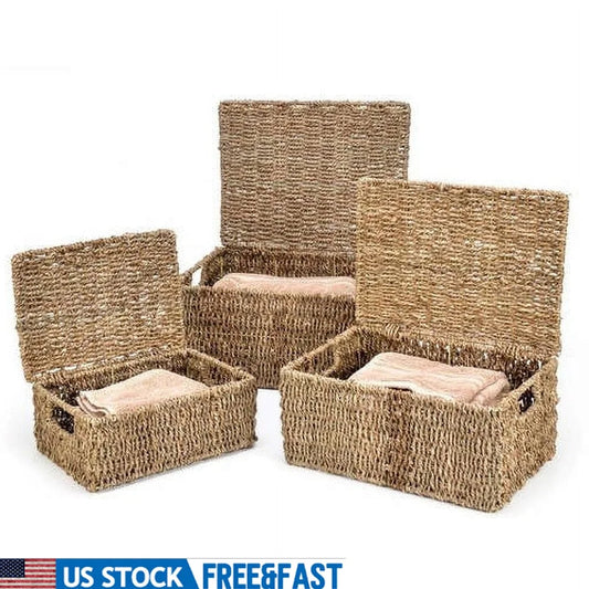 Set of 3 Seagrass Storage Baskets with Lids Decorative Wicker Bins Home Organization with Handles Perfect Storing Clutter