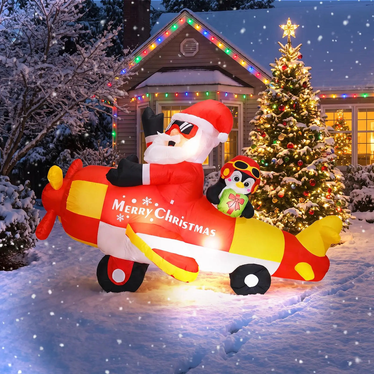 8FT Christmas Inflatable Santa Airplane With Penguin Gift Box LED Outdoor Decor