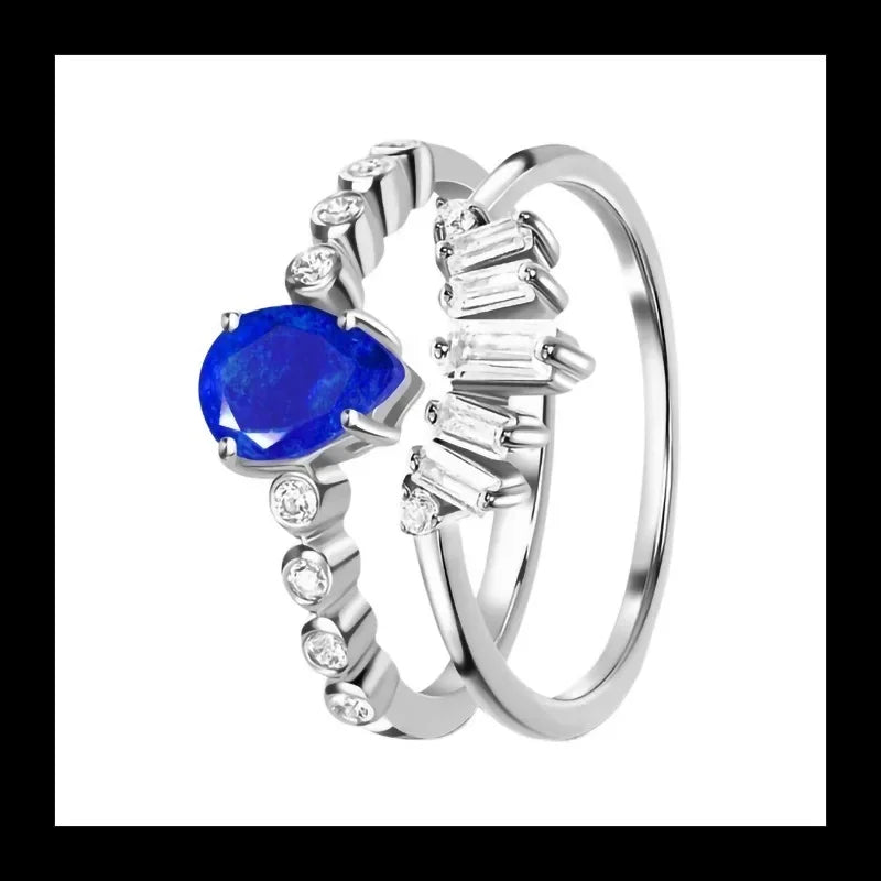 Silver Water Drop Sapphire Micro Zircon Double Ring Niche Design about Light Luxury Exquisite Jewelry