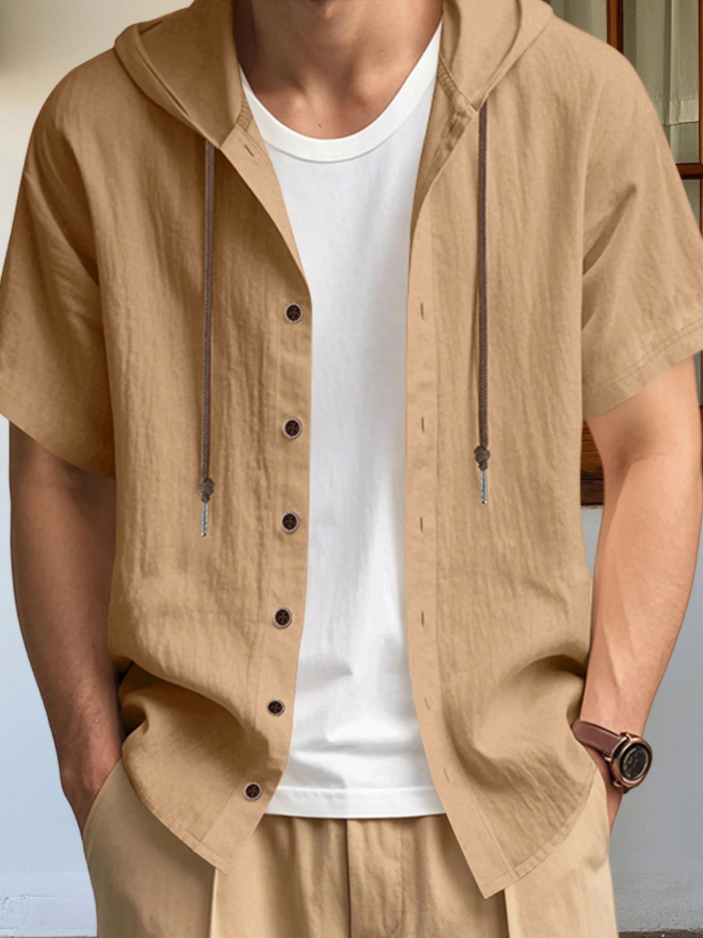 Men s Short Sleeve Hooded Shirt with Button Closure Solid Color Summer Top for Casual Daily Wear and Outdoor Activities