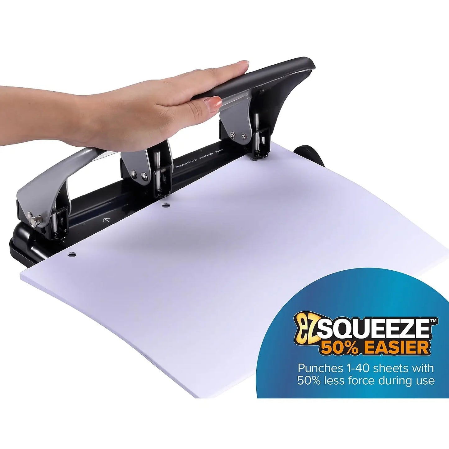 Heavy Duty 3-Hole Punch, 40-Sheet Capacity, One-Touch Reduced Force, Sleek Silver Design